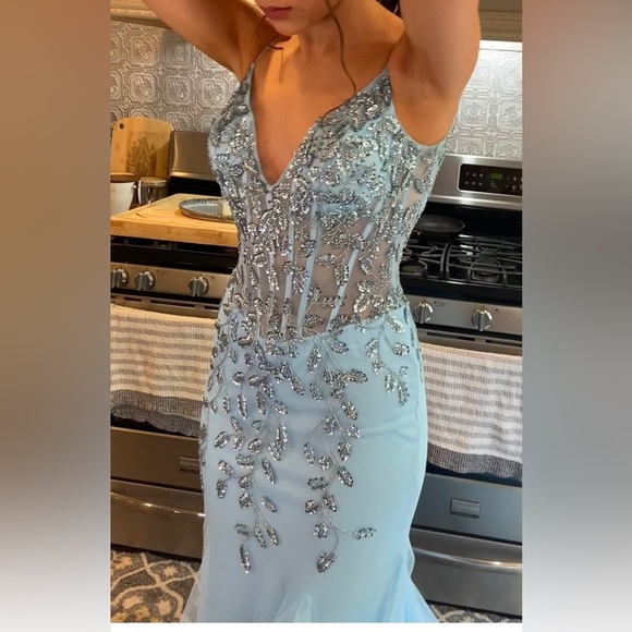 Jovani spaghetti strap Corset,V-neck, sequined beaded mermaid style prom dress. - Picture 3 of 5